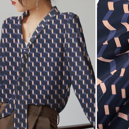 1 Meter Dark Blue Stair Lattice Crepe De Chine Printed Three-dimensional Geometric Cube Silk Shirt Fabric