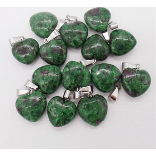 12Pcs 16x7mm Hand-Carved Rose&Green Ruby in Fuchsite Love Heart Pendant Bead For DIY Jewelry Making Necklace Accessories