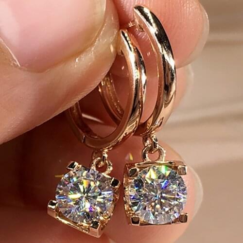 18K Au750 Rose Gold Women Stud Drop Clip Hoop Earrings Moissanite Diamonds Round Classic Wedding Party Engagement Anniversary