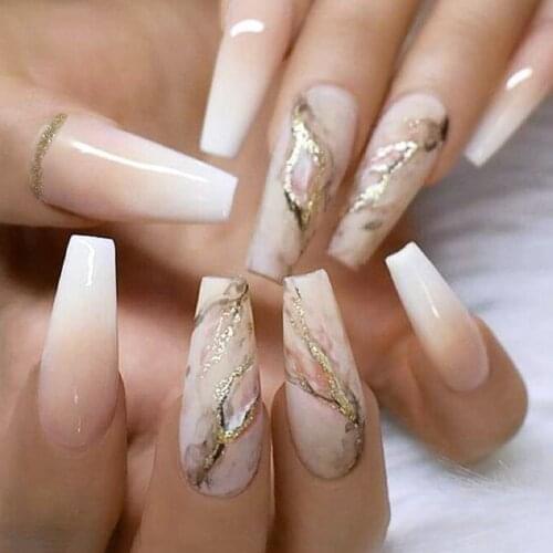 24pcs/Set Extra Long Fake Nails Nude Gradient Marble Pattern Foils Decal Acrylic Ballerina Full Nail Accessories Art Tips