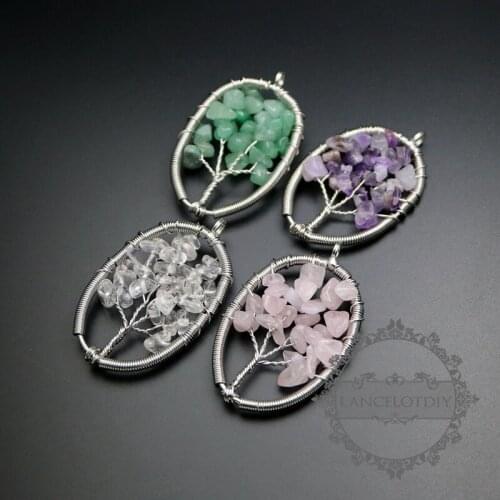 40x55mm round handmade wiring tree of life in random pink,green,purple,crystal stone pendant charm DIY supplies 1800277