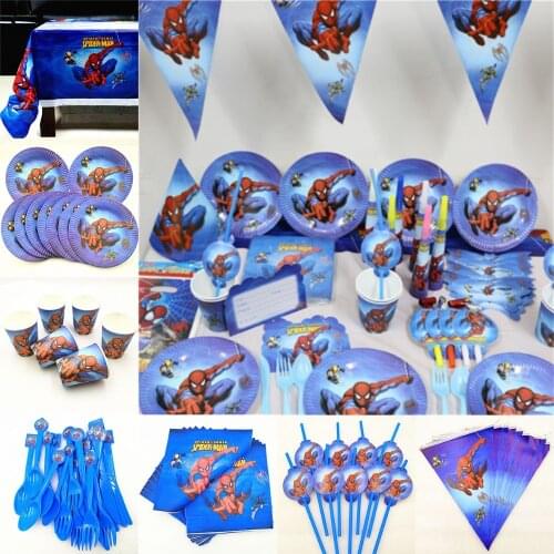 82pc/set Spiderman Birthday Party Supplies Tablecloth Plate Cup Napkin Straw Flag Knife Fork Spoon Superhero Party Decoration
