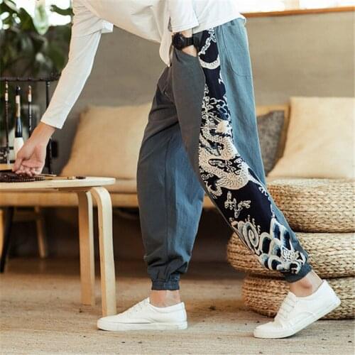 Retro Chinese style mens autumn dragon pattern stitching beam feet pants Harajuku harem pants linen casual trousers штаны new