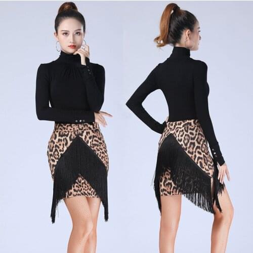 Womens leopard tassels latin dance skirt stage performance latin dresses latin salsa dance tops for female
