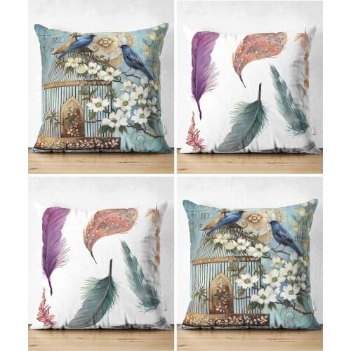 Double Sided Bird And Feather Kombinli Modern 4'lü Decorative Suede Cushion Pillow Decorate Case Set High Quality Stylish Home Garden Room Kitchen Gift Useful Decorative Colorful
