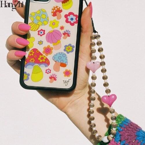 HangZhi 2021 New Ins Fashion Colorful Heart Acrylic Stripe Beads Pearl Phone Chain for Mobile Phone Women Men Cell Phone Strap