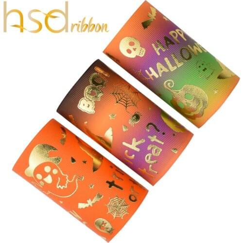 HSDRibbon Free Shipping 75mm 3inch hsd-design custom Halloween Pattern Gold Foil on Solid And HT Grosgrain Ribbon