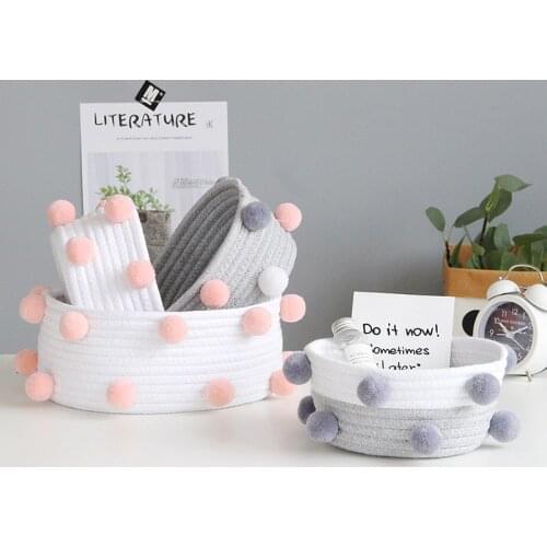 INS Pompom Cotton Rope Storage Baskets Handmade Woven Dirty Clothes Laundry Basket Kids Toys Desktop Sundries Organizer Hamper