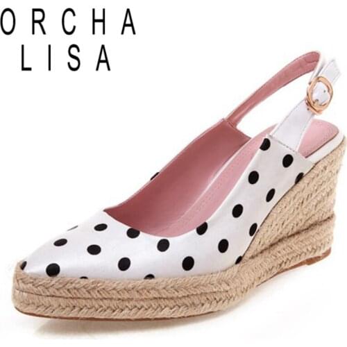 ORCHA LISA 2021 Spring Polka Dot Silk Sandals Slingbacks Buckle Strap Rattan Wedges Pointed Toe 8cm Size 32-44 Black White A4174