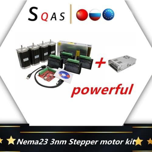 Nema23 425ozin 3N stepper dc motor KIT 4 pcs 57HS11230D8 +4 TB6600/DM542 /DM556 motor driver+ power supply+MACH3 board for CNC