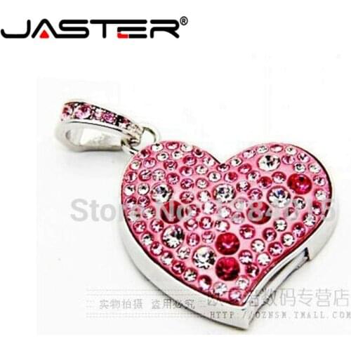 JASTER Diamond love heart USB Flash Drive Crystal fashion Lovers gift pendrive 64GB/16GB/32GB memory stick waterproof necklace