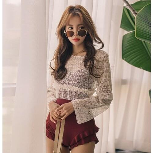 Korean Sexy Lace Cover Up One Piece Swimsuit Women Solid Swimwear Ruffle Monokini Push Up Swim Suit Long Sleeve Bathing Suit