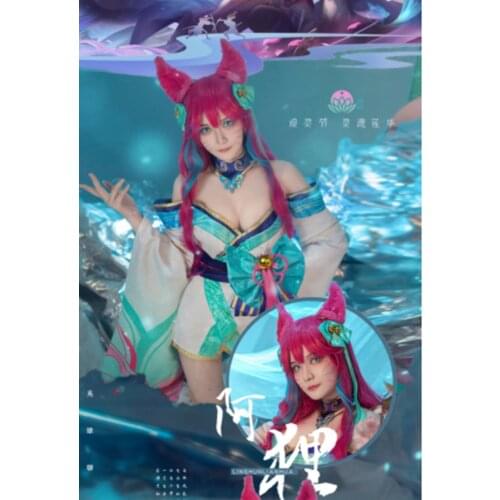 Ahri the Nine-Tailed Fox/Spirit Blossom cos game LOL anime man woman cosplay set Dress + bib + belt + headwear + leg cover