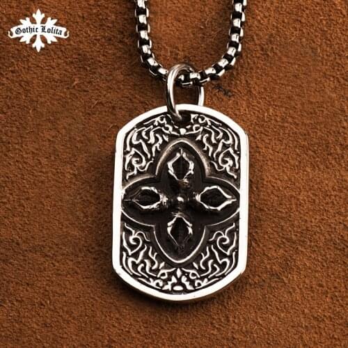 Cross Vajra double face 3D Dog tag for men stainless Steel Mantra pendant and Necklace
