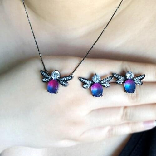Fashion Bee Animal Pendants Necklaces Stud Earrings 3PCS Jewelry Sets colorful Cubic Zirconia Stone Women Wedding party Jewelry
