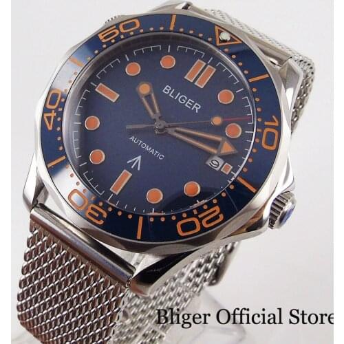 BLIGER Blue 41mm Men Wristwatch Automatic Movement Rotating Bezel Date Window Mental Band