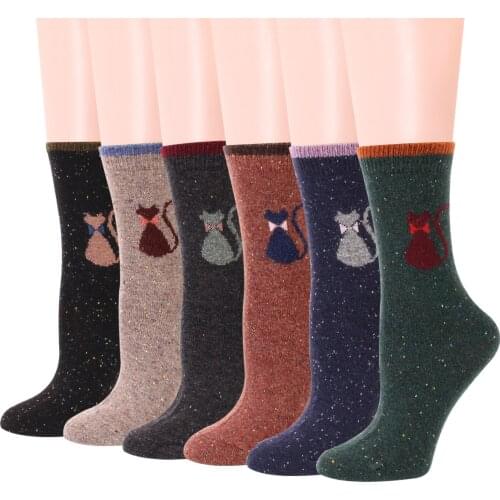 12 Pairs Women Wool Socks Animal Cat Pattern Winter Crew Socks Soft Thick Warm Casual Wool Socks Mid Calf