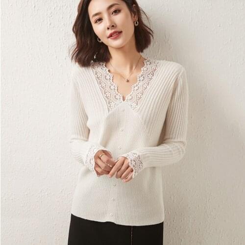Autumn Winter Pure Wool Sweater Small Fragrance Short Wild Womens Sweater Slim Long-Sleeved Lace V-Neck Knitting Top Hot Sale
