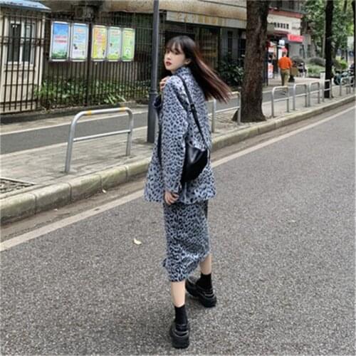 Vintage Corduroy Leopard Suit Jacket Korean Casual Notched Long Sleeve Oversized Button Blazer+ High Waist Slim Split Skirt 2020