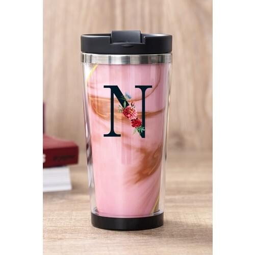 Gift Shop N Letter Pink Marble Thermos Cup
