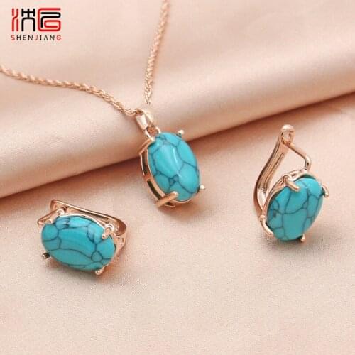 SHENJIANG New Fine Oval Egg Shape Synthetic Turquoises 585 Rose Gold Dangle Earrings Jewelry Set For Women Wedding Jewelry
