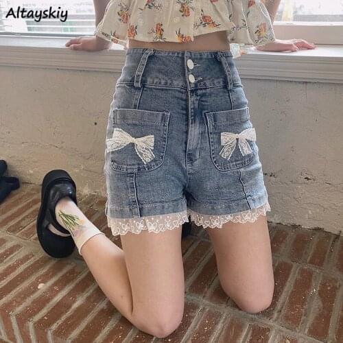 Shorts Women Lace Vintage Denim Summer High Waist Slim All-match A-line Streetwear Casual Korean Style Kawaii Sweet Bow Skinny