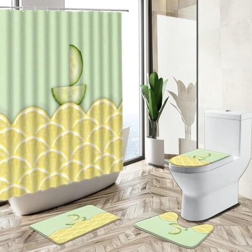 Lemon Fruit Shower Curtains Kiwi Orange Ice Cube Summer Theme Bathroom Decor Non-Slip Carpet Toilet Cover Bath Floor Mat Sets