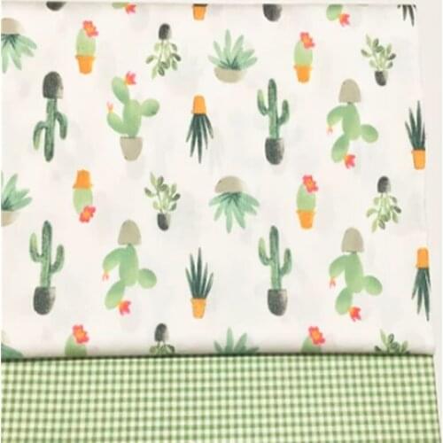 Brand New Design Painting Cartoon Cactus & Green Check Printed Cotton Fabric Floral Fabric For DIY Sewing Bedding Quilting Cloth