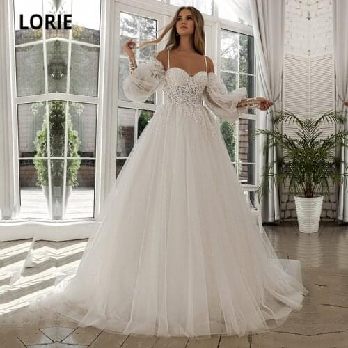 LORIE Princess Wedding Dresses Boho Sweetheart Appliques Lace Off the Shoulder Puff Sleeves Wedding Bridal Gown suknia slubna