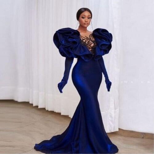 Navy Blue Evening Dresses 2021 Ruffles Sleeves Velvet Formal Gowns Custom Made Long Mermaid Bridal Prom Dress Vestido Longo