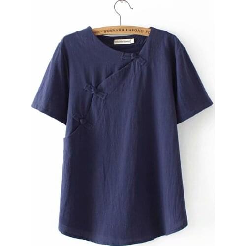 Plus size Cotton Buckle O neck women loose tshirts 2020 new summer causal ladies navy pink white t shirts female tops t-shirts