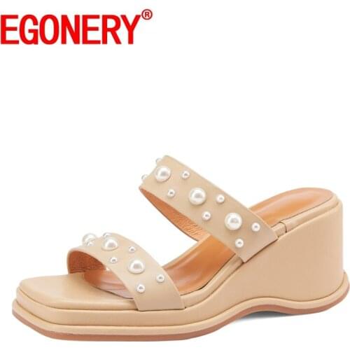 EGONERY Women summer Fashion Slipper New Style Slope Heel Leisure working Sandals Beaded decoration Concise Comfortable