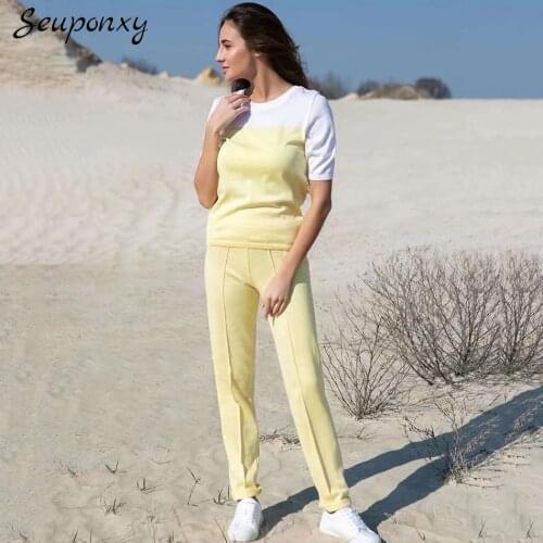 High Quality 2021 Summer Fashion WomenS Casual 2 Two-Piece Set Sexy O-Neck Short-Sleeved Pullover + High Waist Pants Knit Set