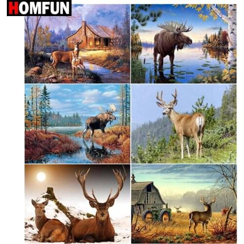 HOMFUN 5D DIY Full Diamond Embroidery "Deer lake forest house" Diamond Painting Cross Stitch Rhinestone Home Decoration