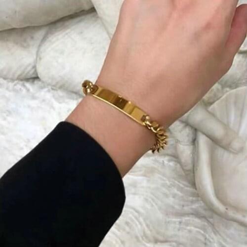 Gold Plated Stainless Steel Miami Cuban Chain Bracelet For Women Girls Classical Surfacce Blank Bar Bangle Jewelry Accessories