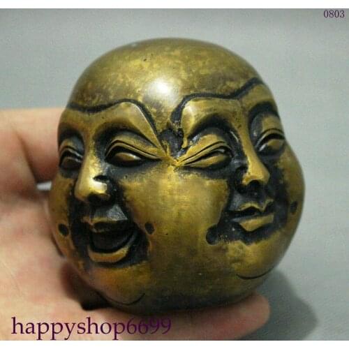 Budista chino bronce 4 caras Maitreya Buda cabeza Xi Nu Ai Le estatua
