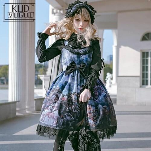 Gothic Vintage Sweet Cosplay Costume Victorian Lolita Dress Palace Bowknot Printing Lace High Waist Princess Dress Kawaii Jsk