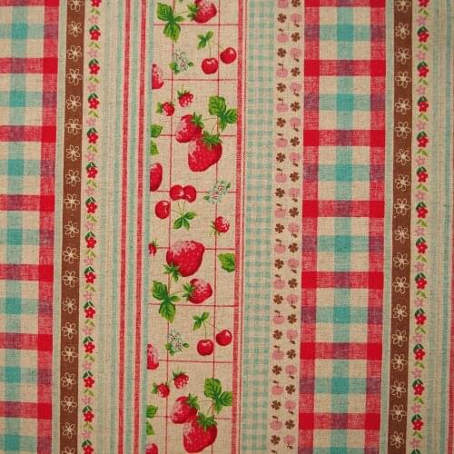 55cmx50cm Cotton Linen Fabric for sewing pathwork, bedding - Stripe - Strawberry, Cherry, Apple and Lattice (green)