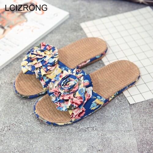 LCIZRONG 3D Flower Canvas Linen Slippers Beach Fashion Women House Slaps Flat Shoes Bohemia Female Hollow Out
