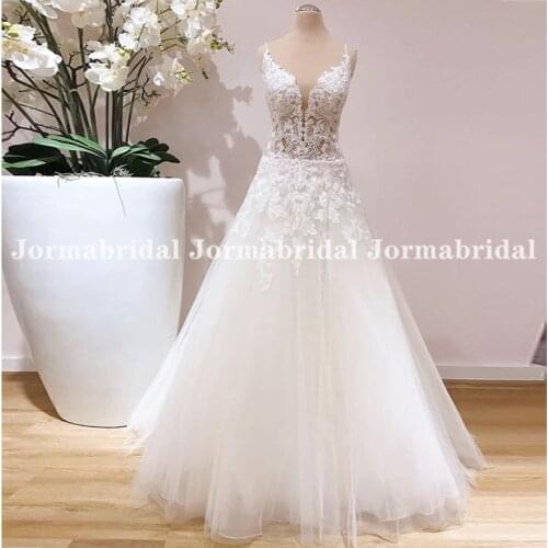 Illusion Bodice A Line Wedding Dresses Spaghetti Straps Bride Dress 2021 Backless Princess Long Boho Floor Length Wedding Gown