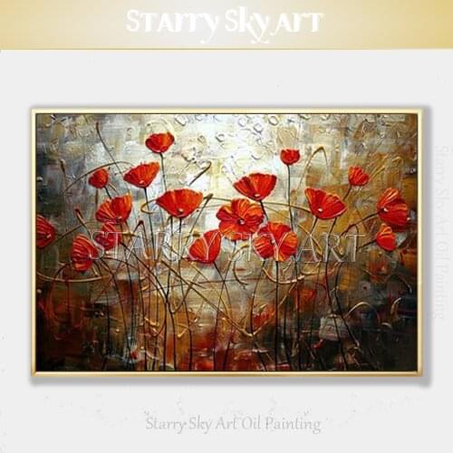 Best Wall Art Hand-painted High Quality Abstract Flowers Oil Painting Textured Knife Painting Abstract Red Floral Oil Painting
