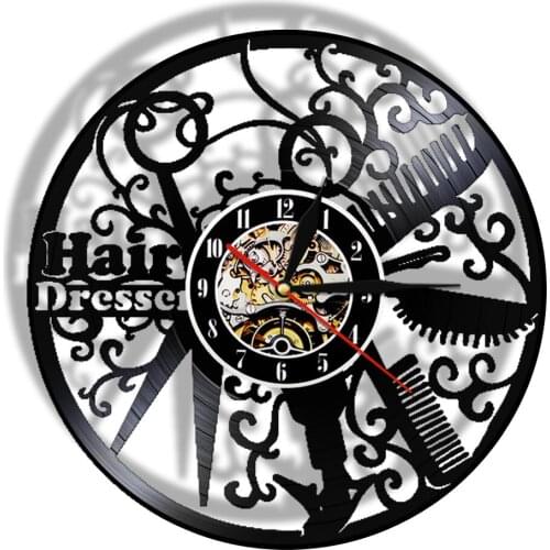 Hair Dresser Wall Clock Made Of Real Vinyl Record Barber Shop LED Lighting with Remote Control Watch orologio parete 3d