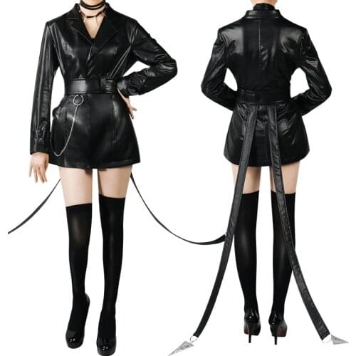 Widow Cosplay PU Dresses Game Cosplay Costumes Faux Leather Long Sleeves Deep V Mini Dresses Socks Belt Necklace Accessory Set