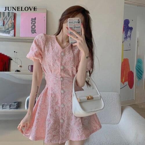 JuneLove Puff Sleeve Button Dress Mini Backless V-Neck Summer Party White Elegant Pink Korean Robe Femme Ete 2021 Vestidos Curto