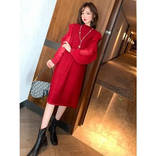 Half high neck stitching pleated ruffled A-line red knitted dress 2020 autumn and winter new