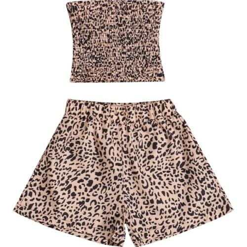 Girls Casual Two-piece Clothes Set Khaki Leopard Printed Pattern Boat Neck Tops and Elastic Waist Shorts