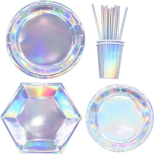 Pink Silver Laser Disposable Tableware Set Paper Plates Cups Straws Wedding Birthday Party Kids Baby Shower Party Decor Supplies