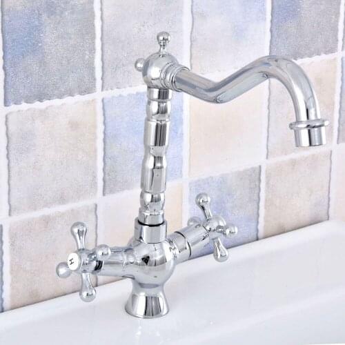 Basin Faucets Chrome Bathroom Sink Faucet 360 Degree Rotation Spout Double Cross Handle Brass Bath Sink Mixer Taps Nsf663