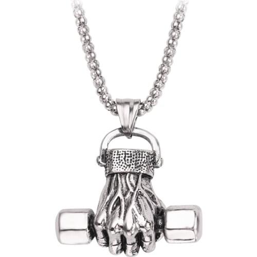 Weight Lifting Dumbbell Pendant Fitness Necklace Bodybuilding Gym Silver Color Barbell Men Necklace Fitness Jewelry