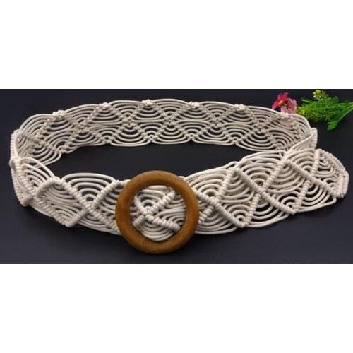 Vintage Wide Bohemian Belts For Women Round Wood Buckle Woven Braided Rope Belt Female Casual Crochet Boho Dress Waistband